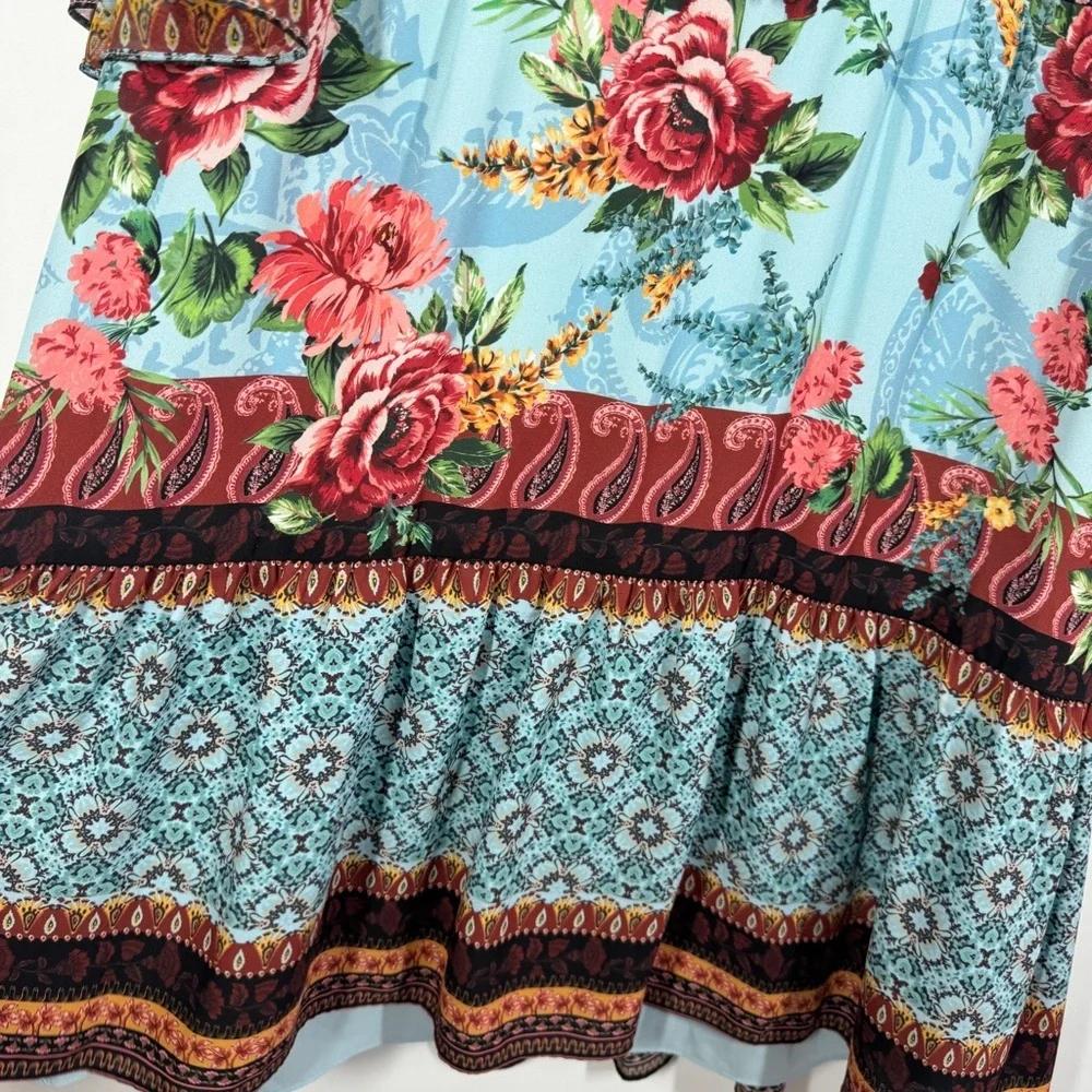 Alice + Olivia Blue Floral Boho Dress Size XS Ruffle Sleeve Tie Neck - Picture 7 of 16